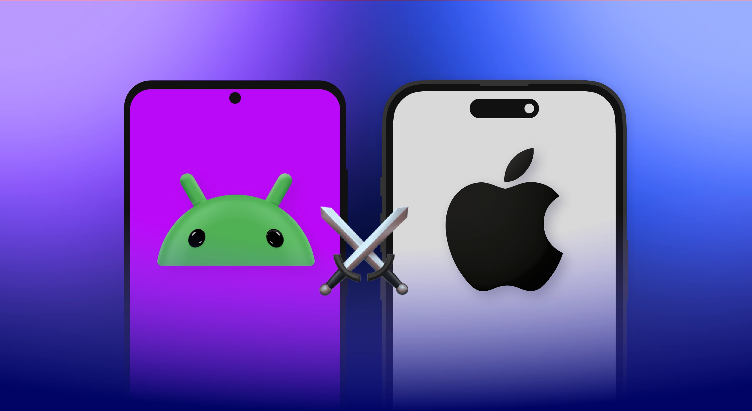 Android and iPhone side by side with the Android mascot, Apple logo and crossed swords against a purple and blue background.