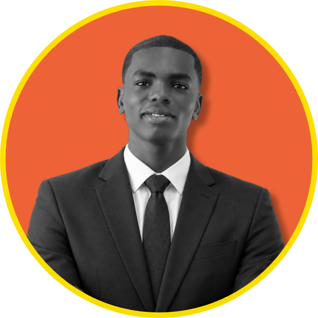 Nana Yaw portrait against an orange circle with a yellow border