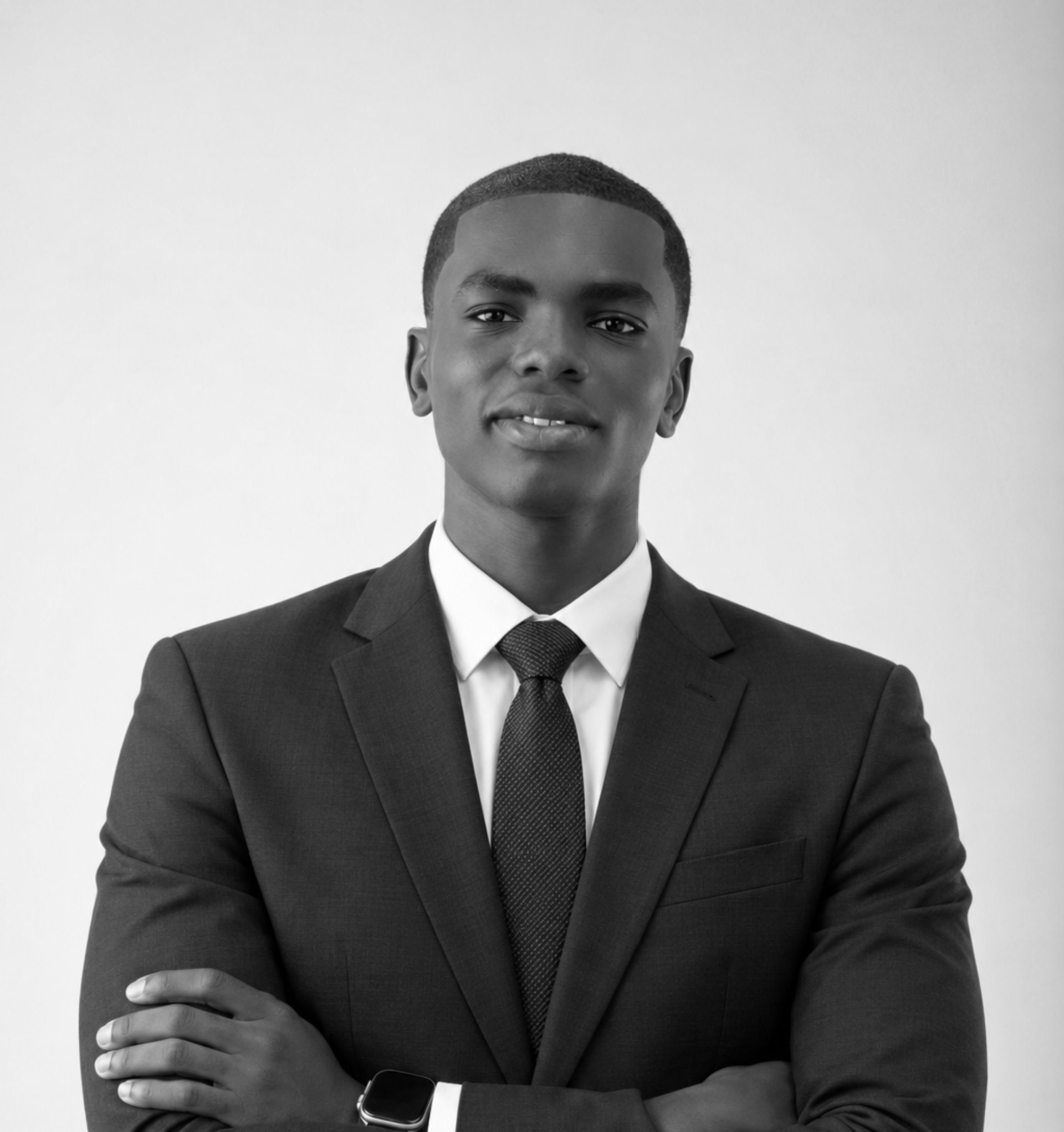 Nana Yaw in a suit, with his arms folded